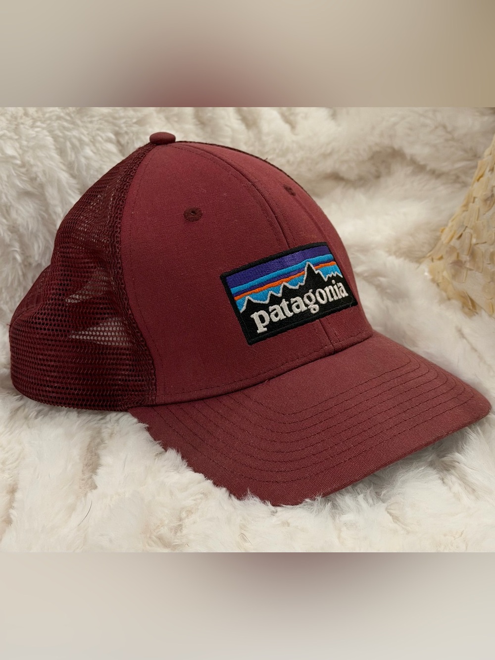 Patagonia Maroon Mesh Trucker Hat with Multicolor Logo